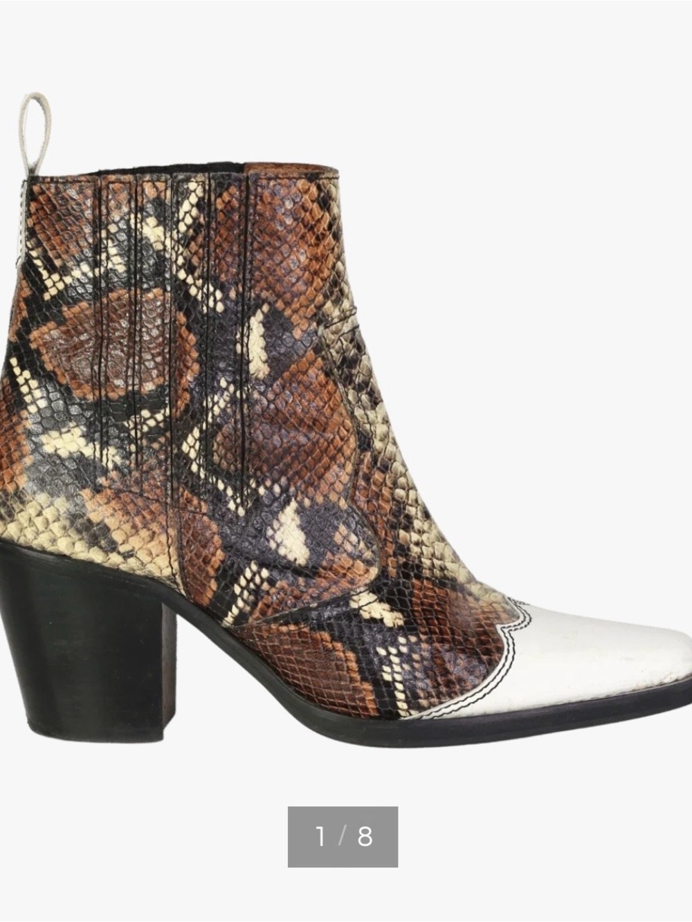 Ganni Brown Snake-Print Western Ankle Boot with White Toe